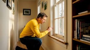 Homeowner inspecting cracked window caulking