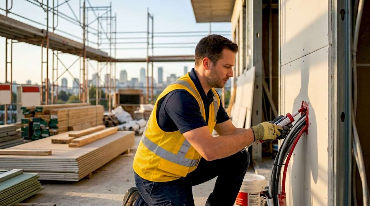 Technician caulking cable penetrations in commercial wall