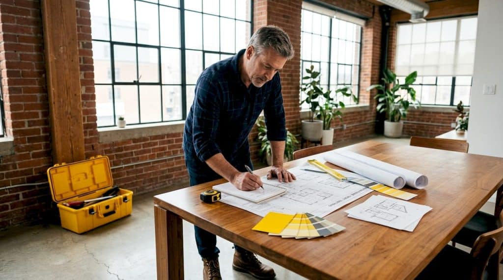 Contractor reviewing building plans in home kitchen