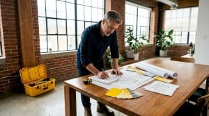Contractor reviewing building plans in home kitchen