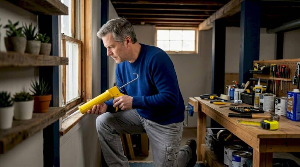 Homeowner caulking window to save energy