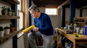 Homeowner caulking window to save energy