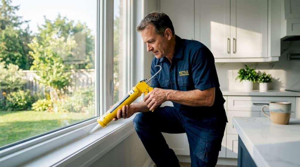 Contractor applying caulk to window frame