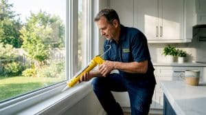 Contractor applying caulk to window frame