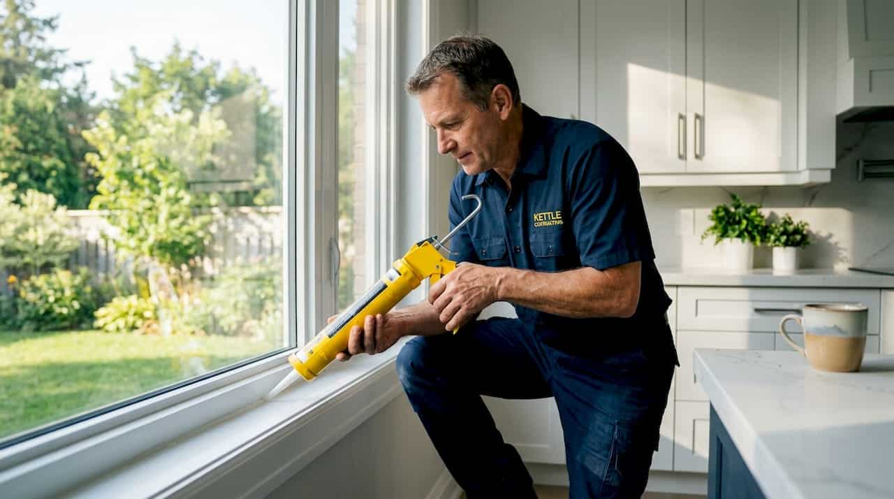 Contractor applying caulk to window frame