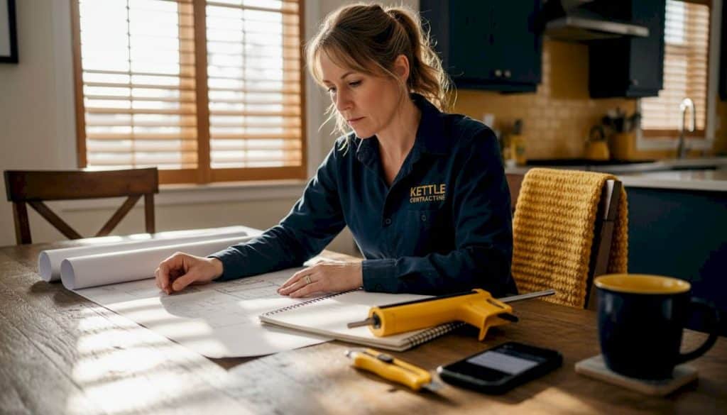 Contractor reviewing renovation bid documents at home