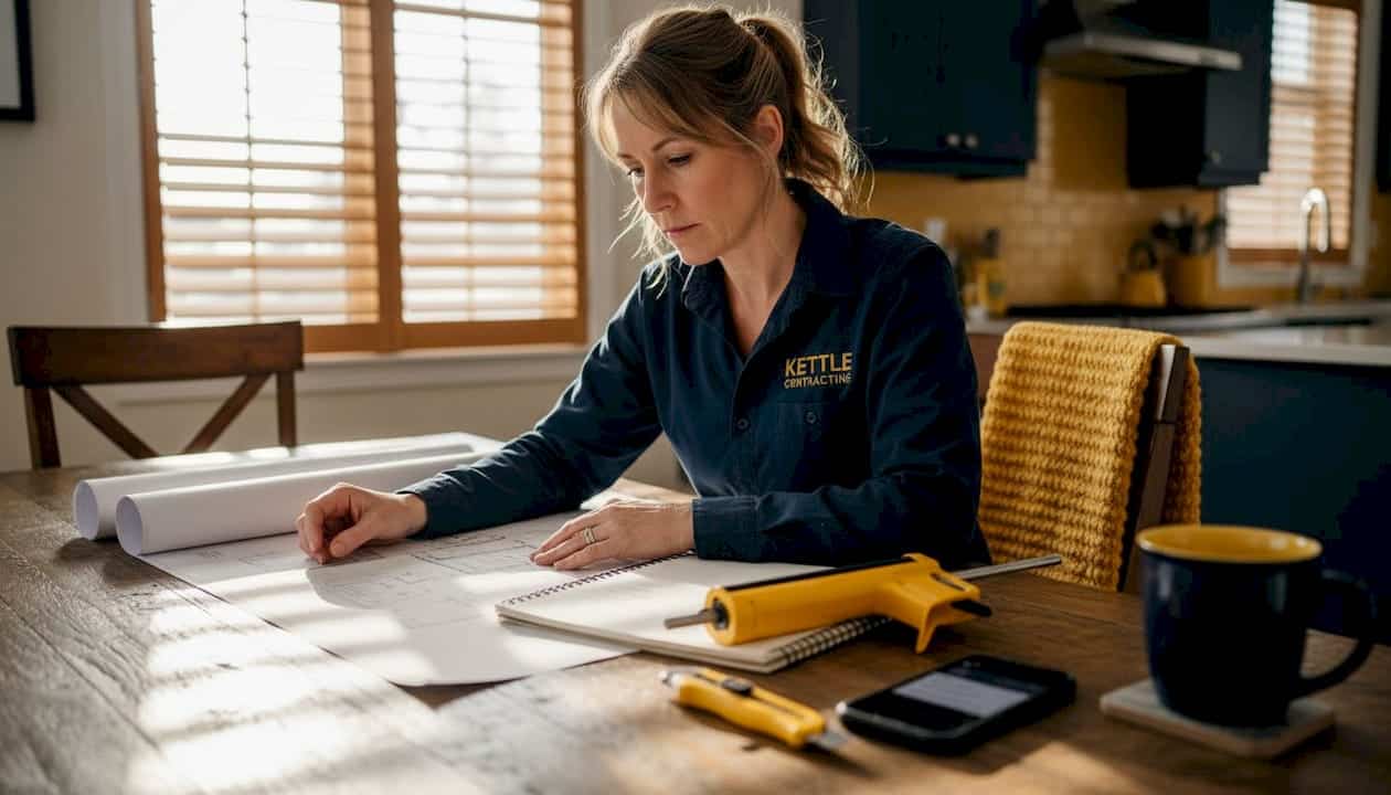 Contractor reviewing renovation bid documents at home