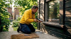 Homeowner sealing window on Toronto house exterior
