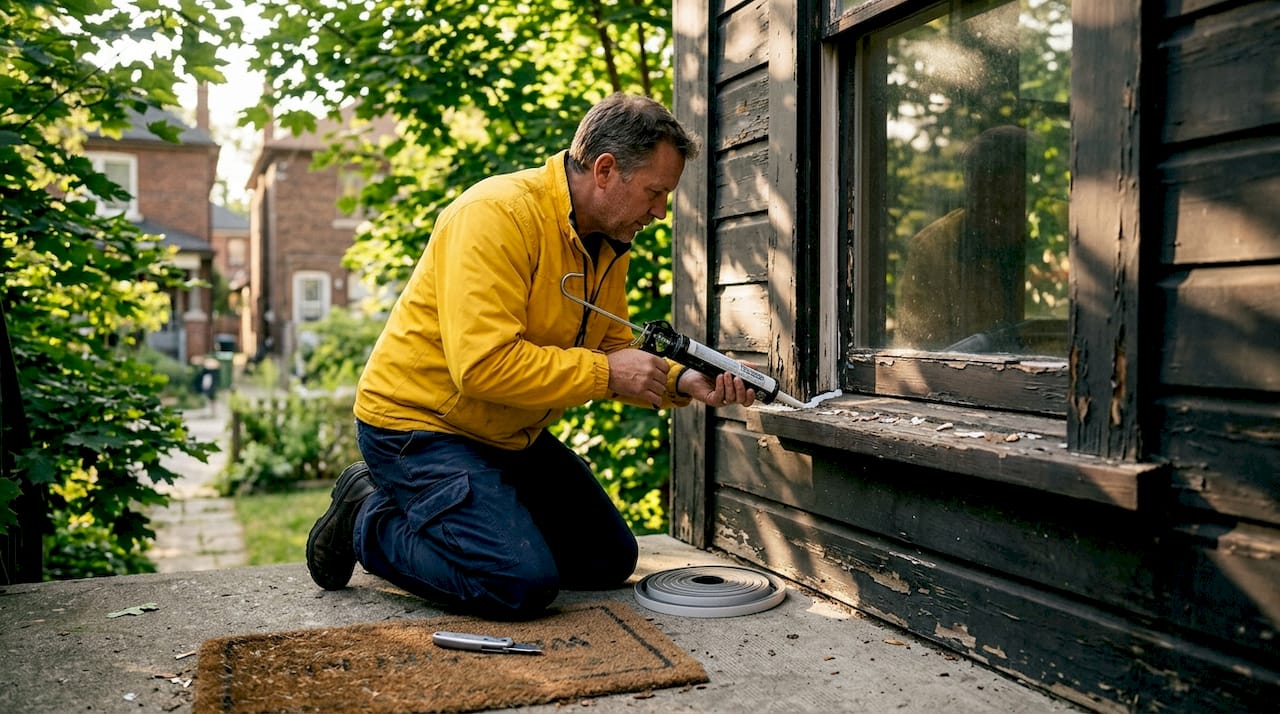 Homeowner sealing window on Toronto house exterior