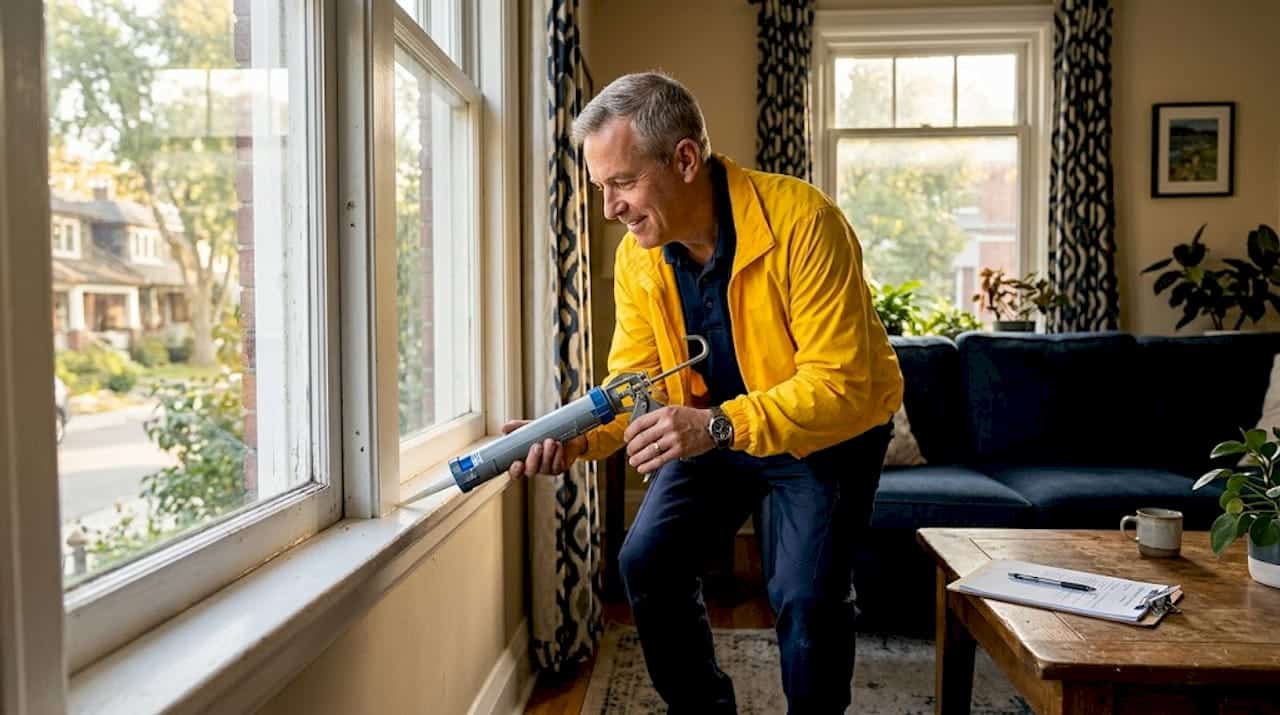 Property manager inspecting window for sealing