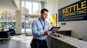 Facility manager inspecting commercial building energy loss