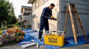 Worker sealing exterior insulation boards on house