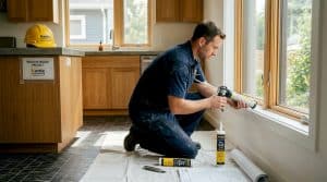 Caulking application in passive house living room