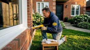 Homeowner caulking exterior window frame