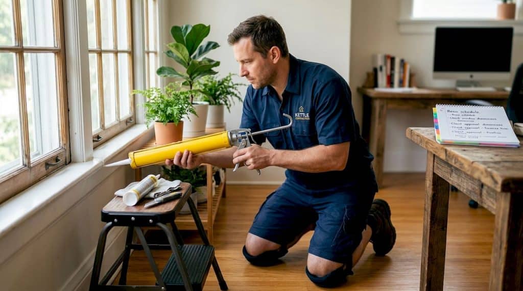 Contractor caulking window frame in living room