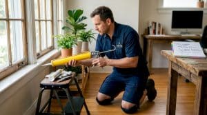 Contractor caulking window frame in living room