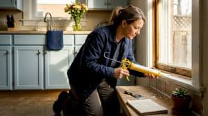 Homeowner caulking window to prevent water damage