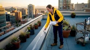 Property manager inspecting rooftop sealant