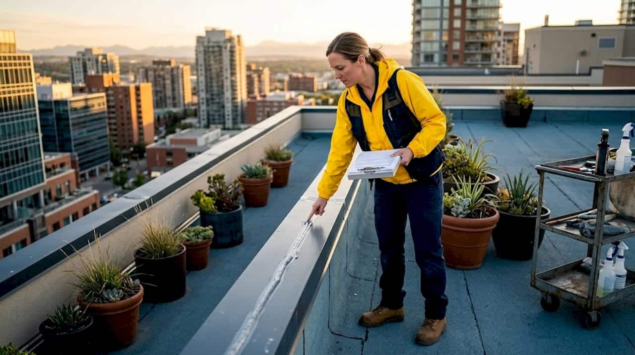 Property manager inspecting rooftop sealant