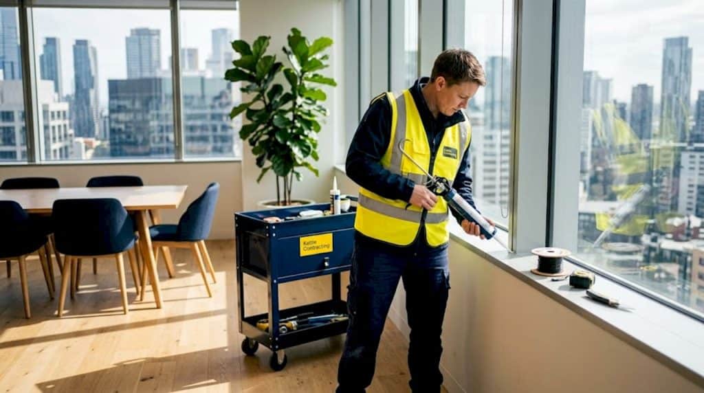 Glazier applying sealant in commercial office window
