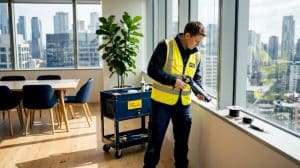 Glazier applying sealant in commercial office window