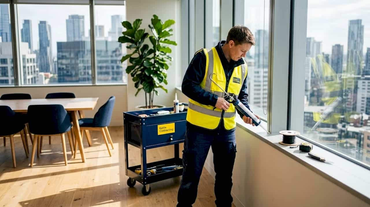 Glazier applying sealant in commercial office window