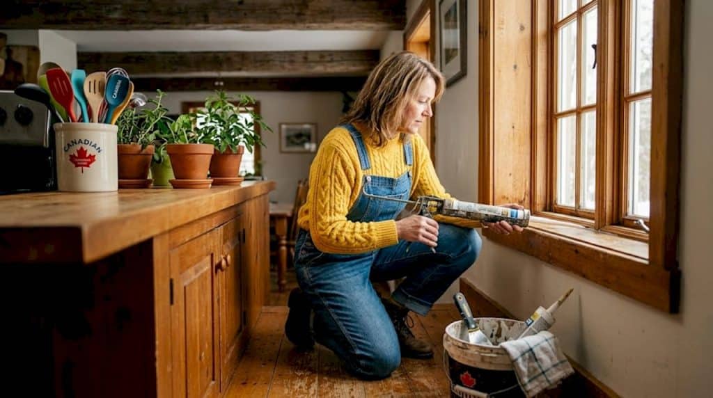 Homeowner caulking window in sunny kitchen