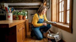 Homeowner caulking window in sunny kitchen