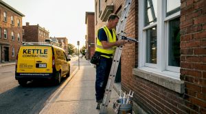 Technician applying caulk to apartment window