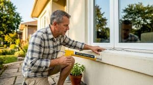 Homeowner inspecting window caulking on brick house