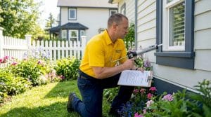 Home inspector checking exterior window frame