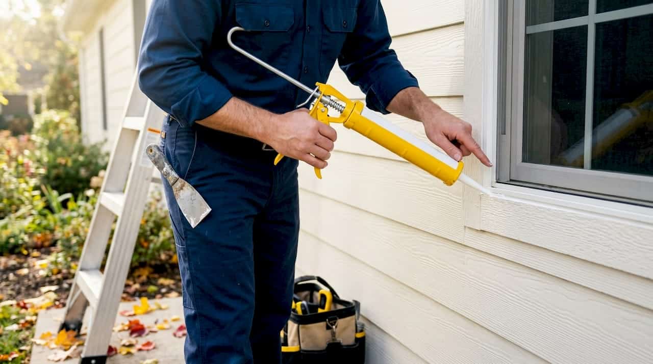 Homeowner applying caulk to window frame exterior