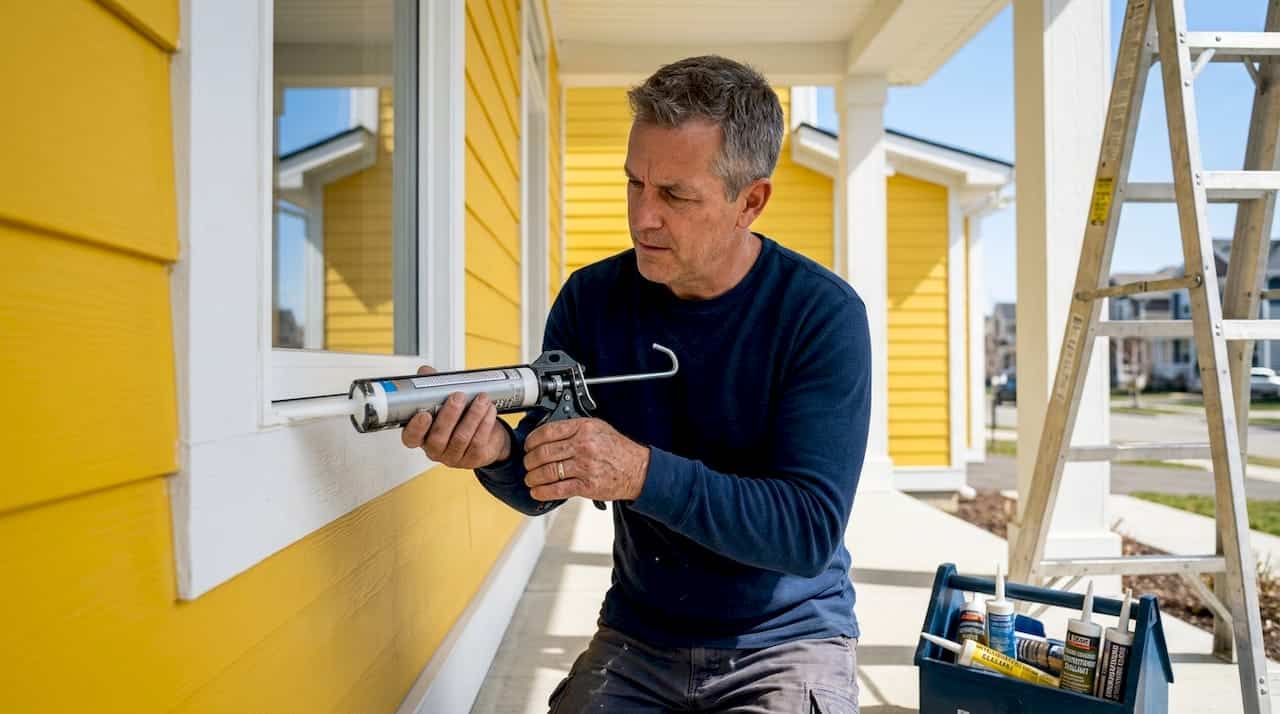 Homeowner applying caulk around window exterior