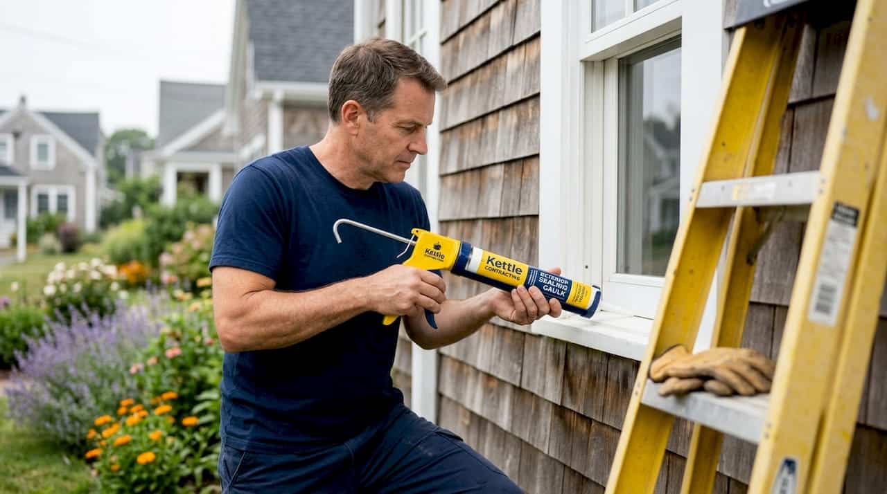 Homeowner caulking house exterior window