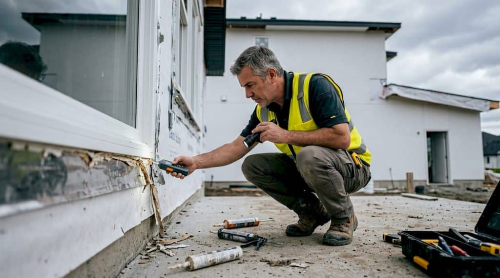Inspector examining caulking on window frame