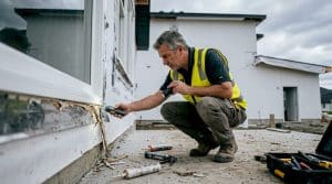 Inspector examining caulking on window frame