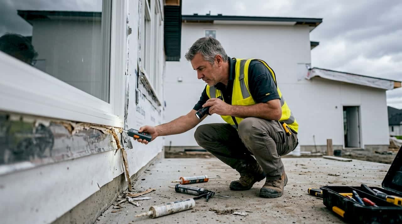 Inspector examining caulking on window frame