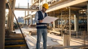 Construction manager reviewing blueprints on site