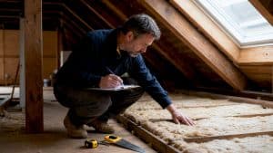 Man inspecting attic insulation in home attic