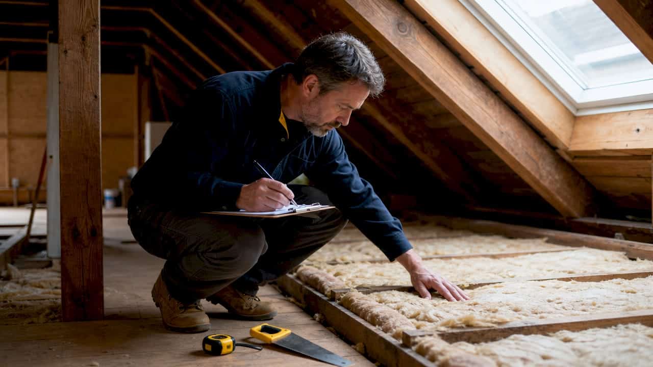 Man inspecting attic insulation in home attic