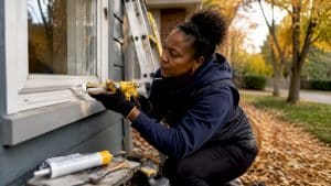 Homeowner applying caulk on window frame