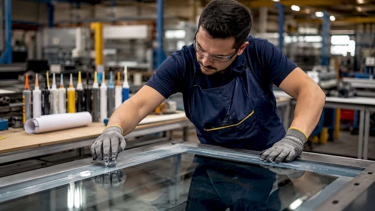 Technician applying structural glazing sealant on glass and metal
