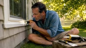 Landlord inspecting caulking around bathroom window