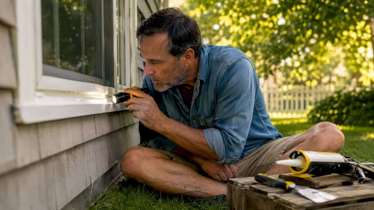 Landlord inspecting caulking around bathroom window