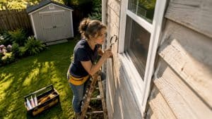 Homeowner inspecting window caulking outdoors