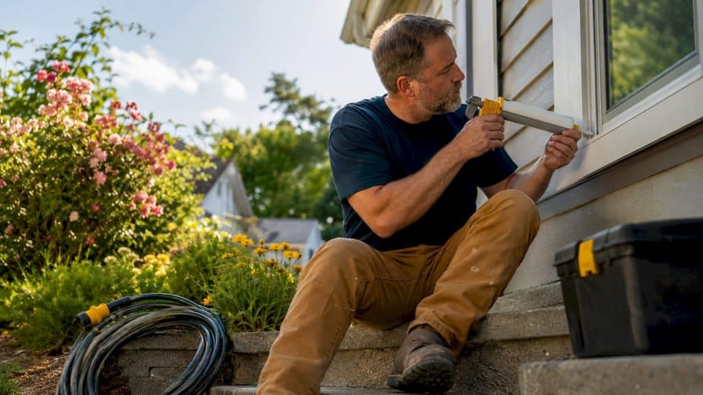 Homeowner applying exterior caulking on house siding