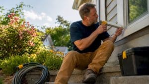 Homeowner applying exterior caulking on house siding