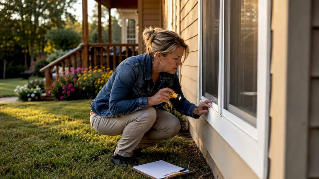 Homeowner inspecting exterior window caulking