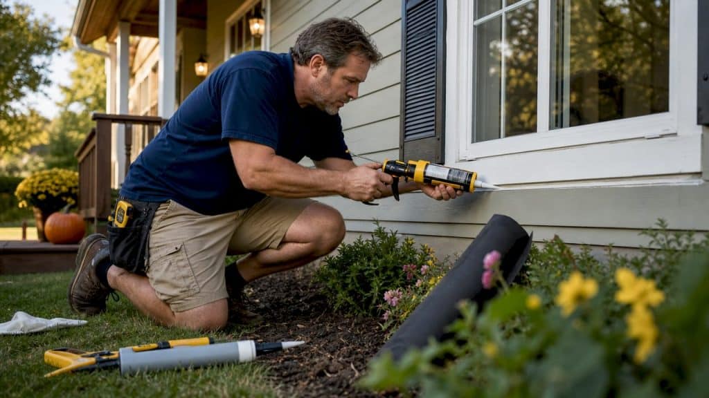 Professional applying caulking on window frame