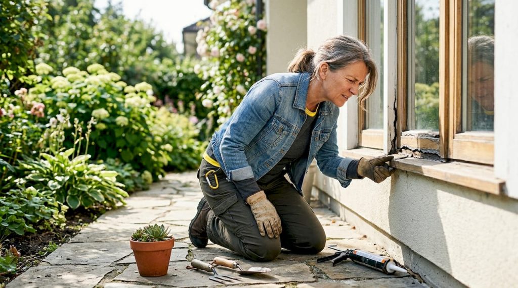 Homeowner inspecting cracked exterior caulking